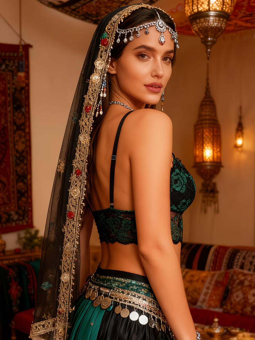 Camisola Exótica Preta e Verde com Renda