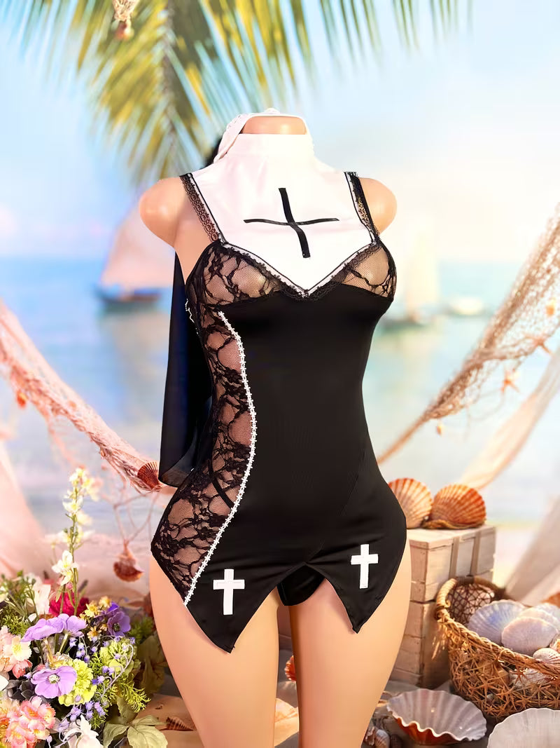 Conjunto de Camisola de Dormir de Renda Transparente.