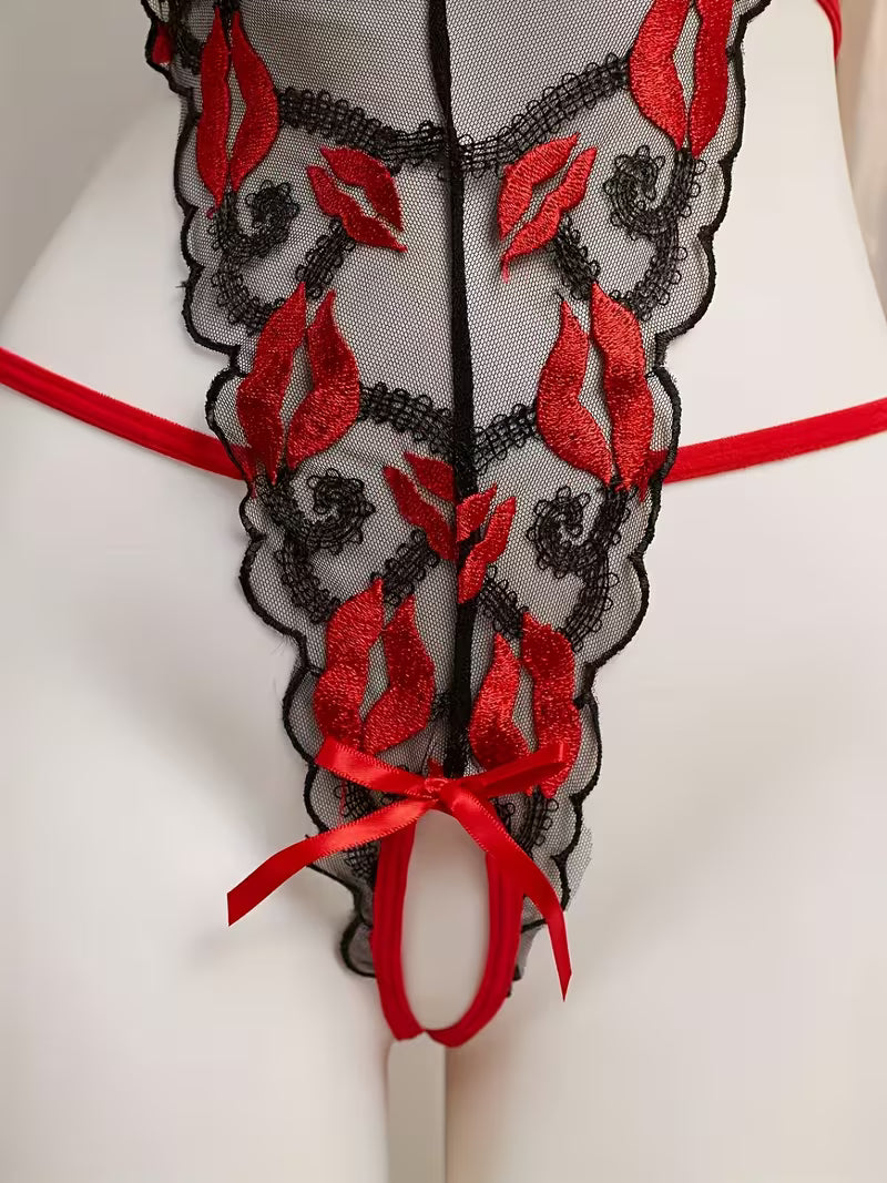 Body vermelho e preto rendado e transparente
