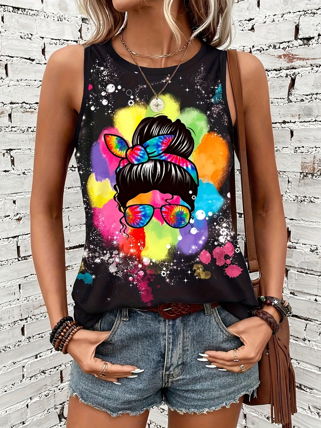 Camiseta Regata de Gola Redonda, Estampa Colorida
