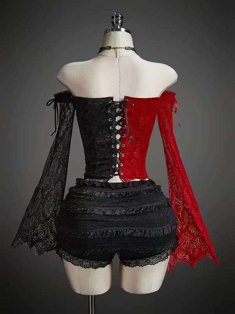 Top Corset Feminino de Manga Longa com Renda Gótica