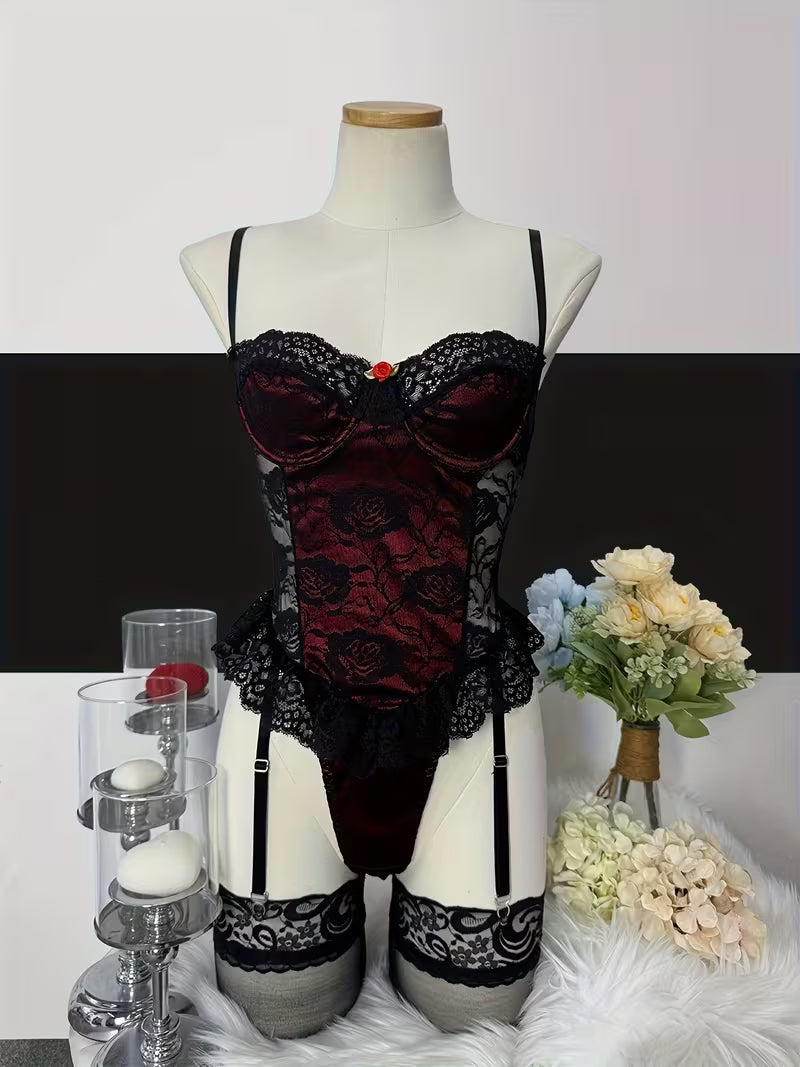 Conjunto de Body Sexy de Renda com Aplicações para Mulher