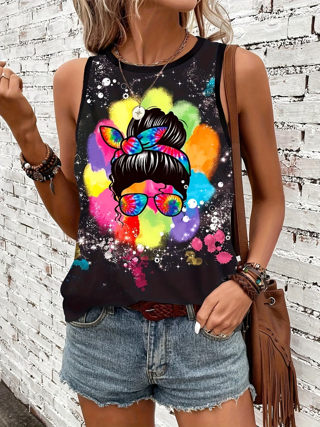 Camiseta Regata de Gola Redonda, Estampa Colorida