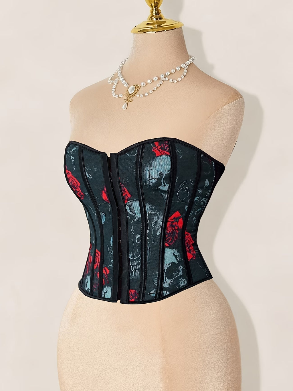 Corset Ajustado com Estampado de Caveira, Design com Botões Frontais e Atilhos