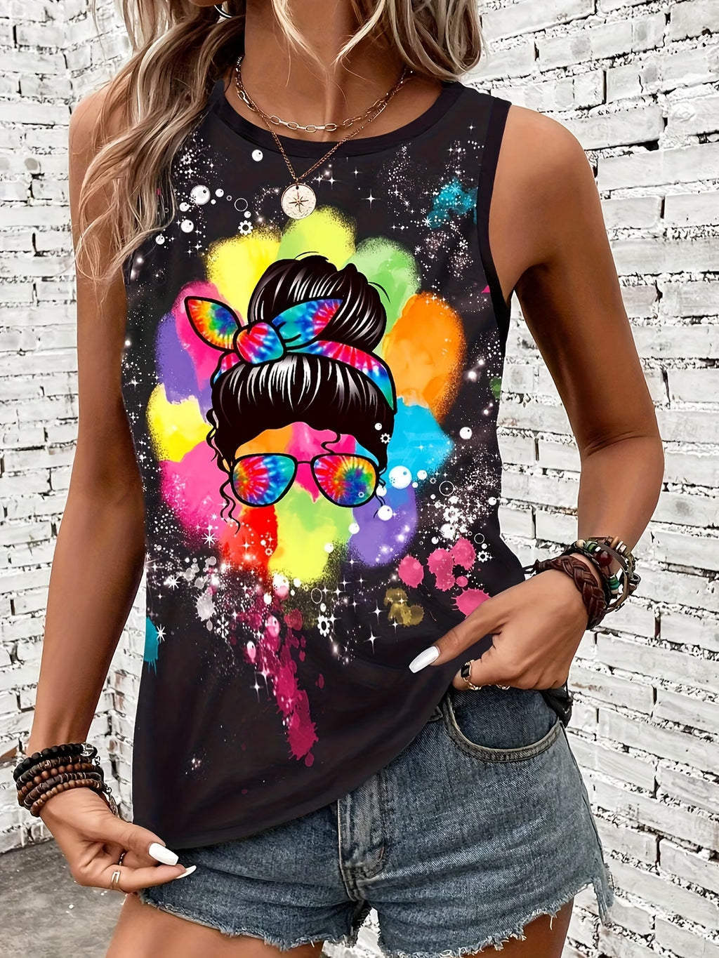 Camiseta Regata de Gola Redonda, Estampa Colorida