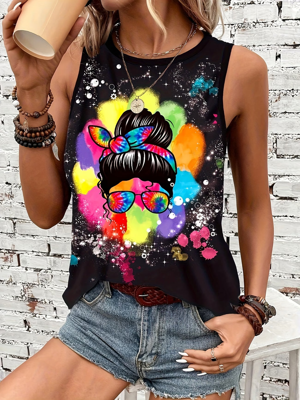 Camiseta Regata de Gola Redonda, Estampa Colorida