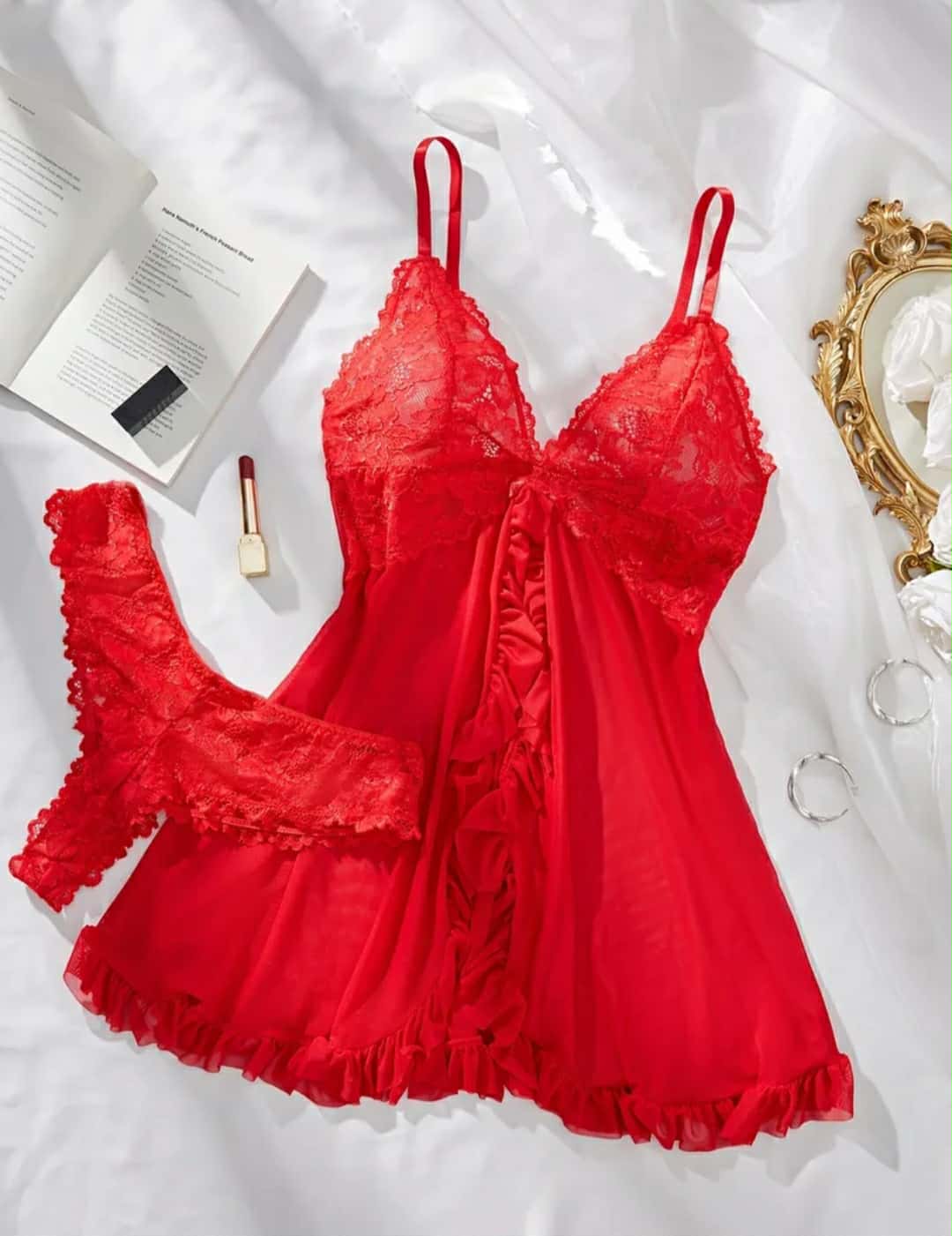 Camisa de dormir com cueca vermelho rendado