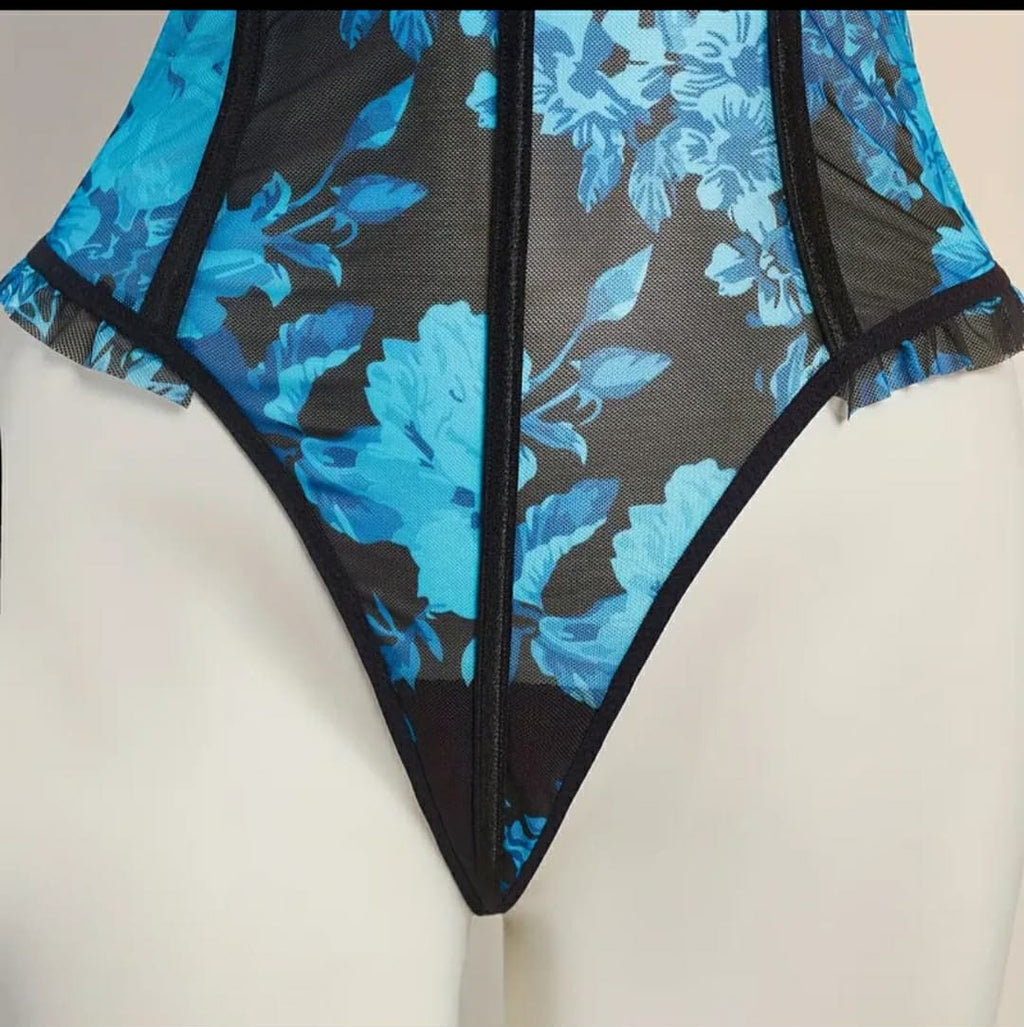Body azul e preto rendado