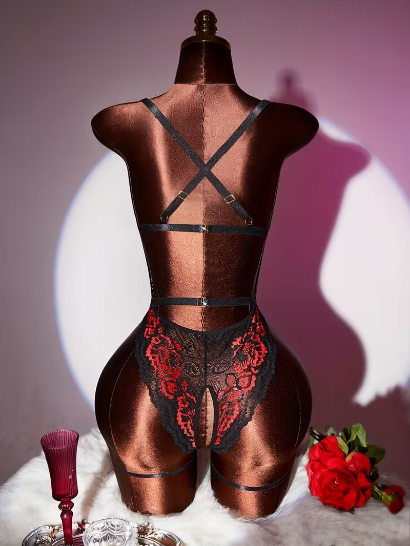 Body de Renda Contrastante Sexy com Decote em V Profundo e Padrões Requintados, Decote nas Costas e Design de Cintura Aberta para um Ajuste Íntimo Charmoso.