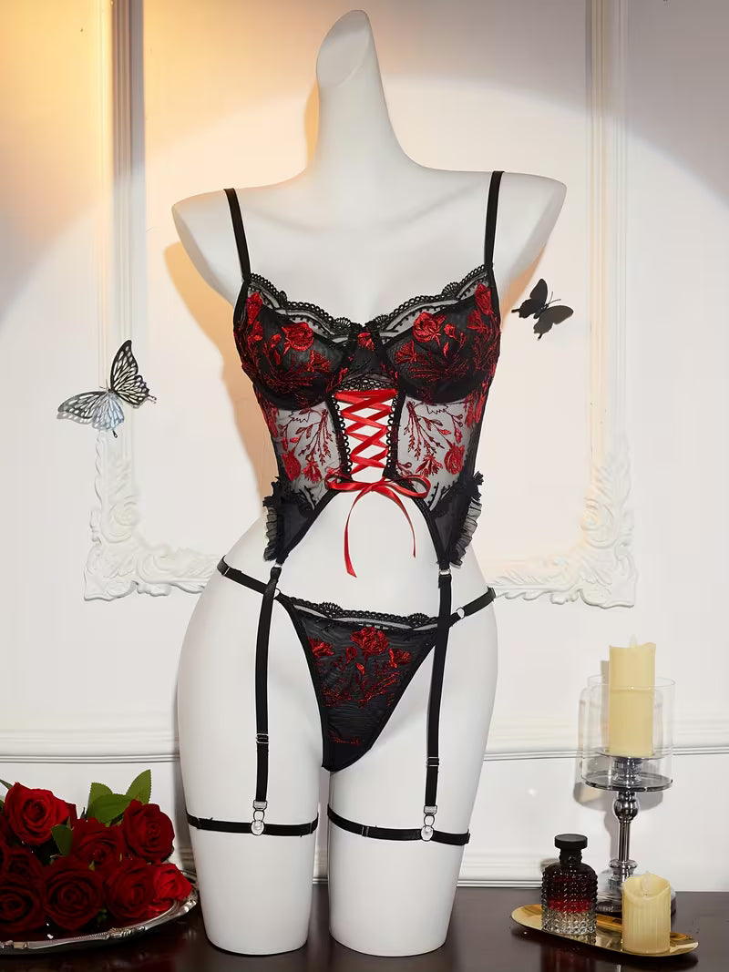 Conjunto de Lingerie Transparente com Bordado Floral Europeu e Americano