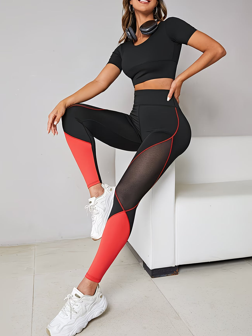 Leggings de Malha Color-Block de Cintura Subida