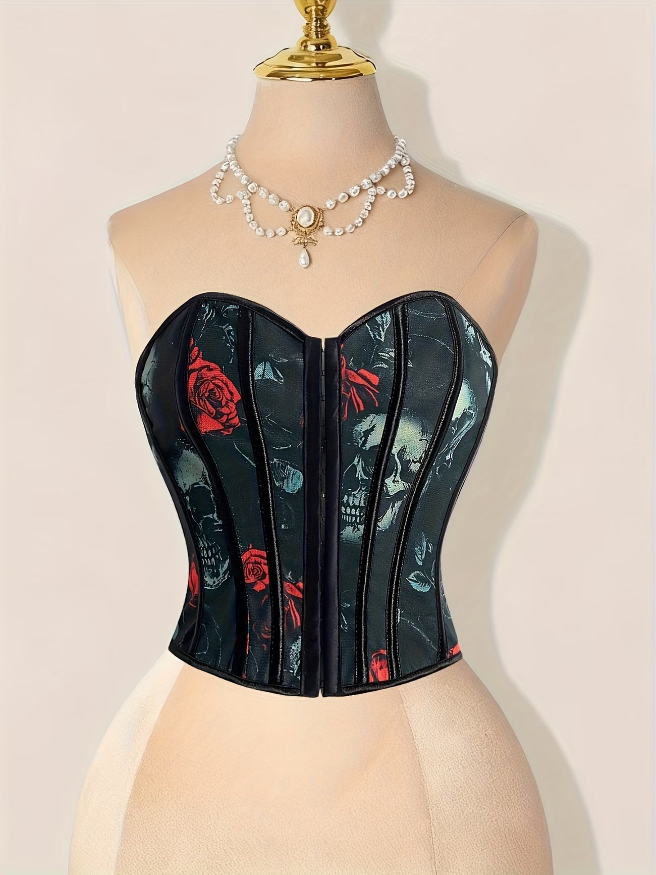 Corset Ajustado com Estampado de Caveira, Design com Botões Frontais e Atilhos
