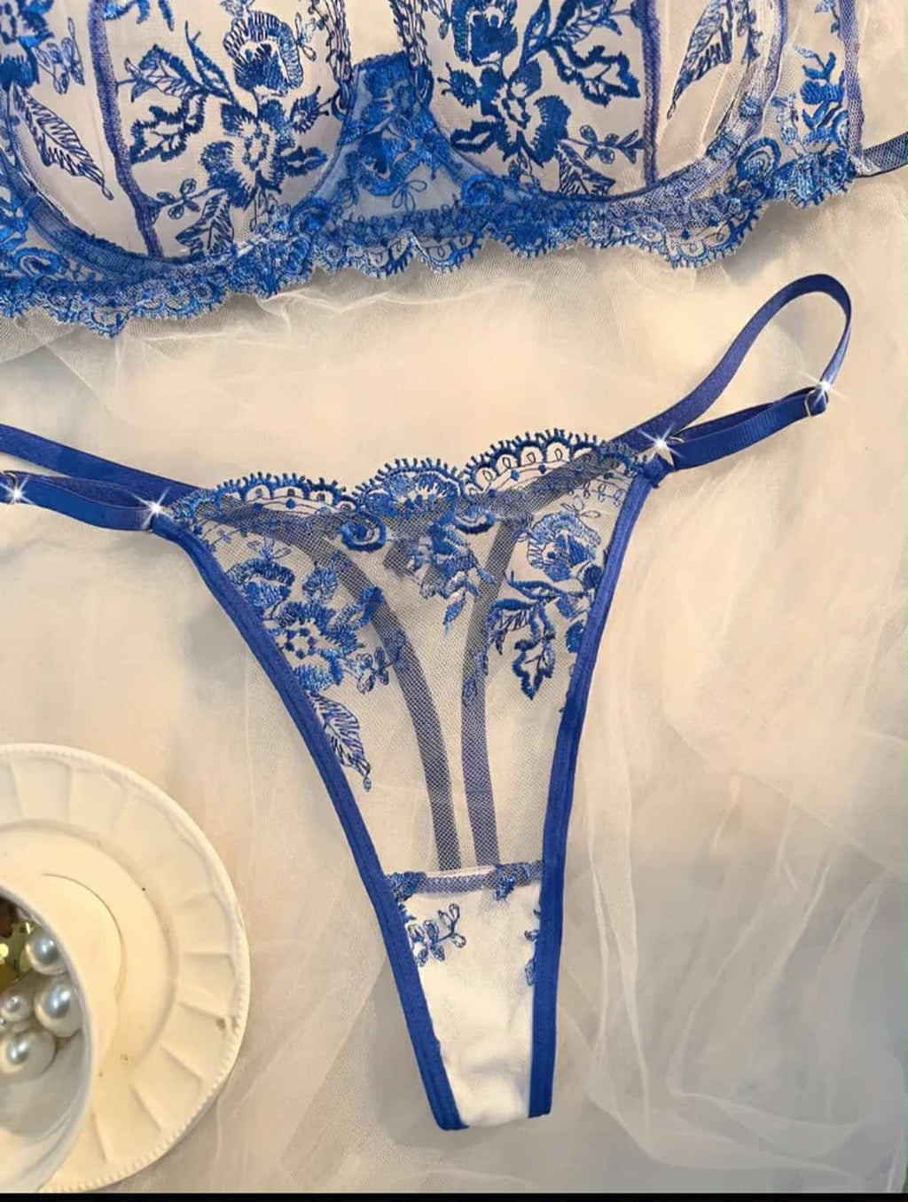 Conjunto cueca e sutiã azul e branco