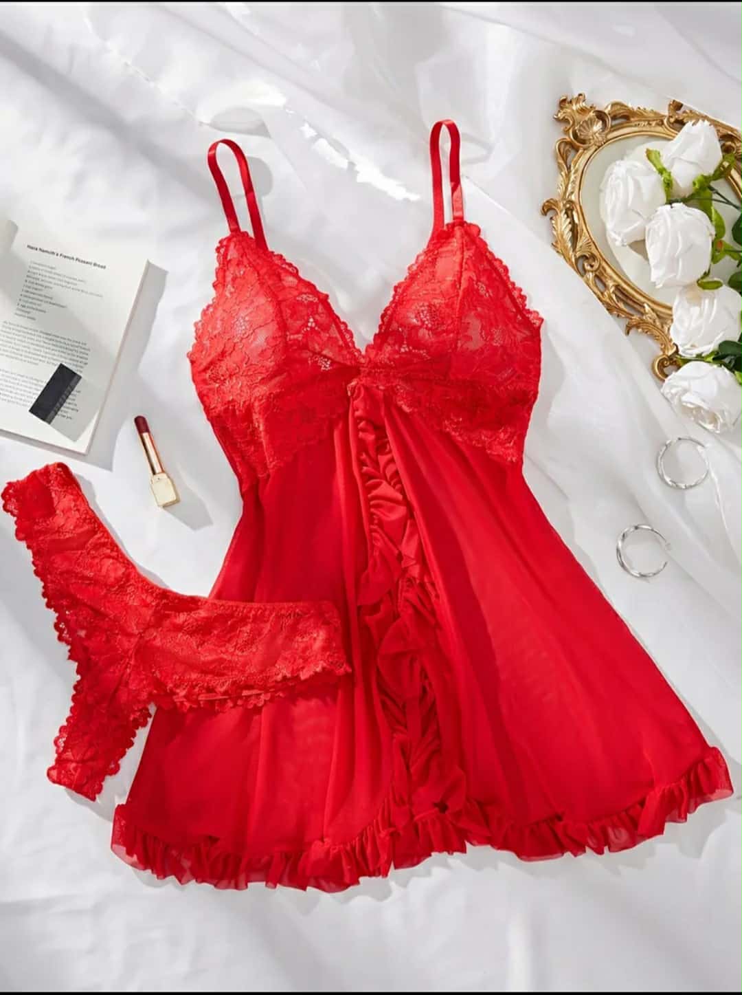 Camisa de dormir com cueca vermelho rendado