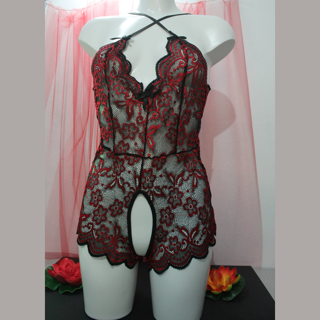Body vermelho rendado com abertura em baxo sexy