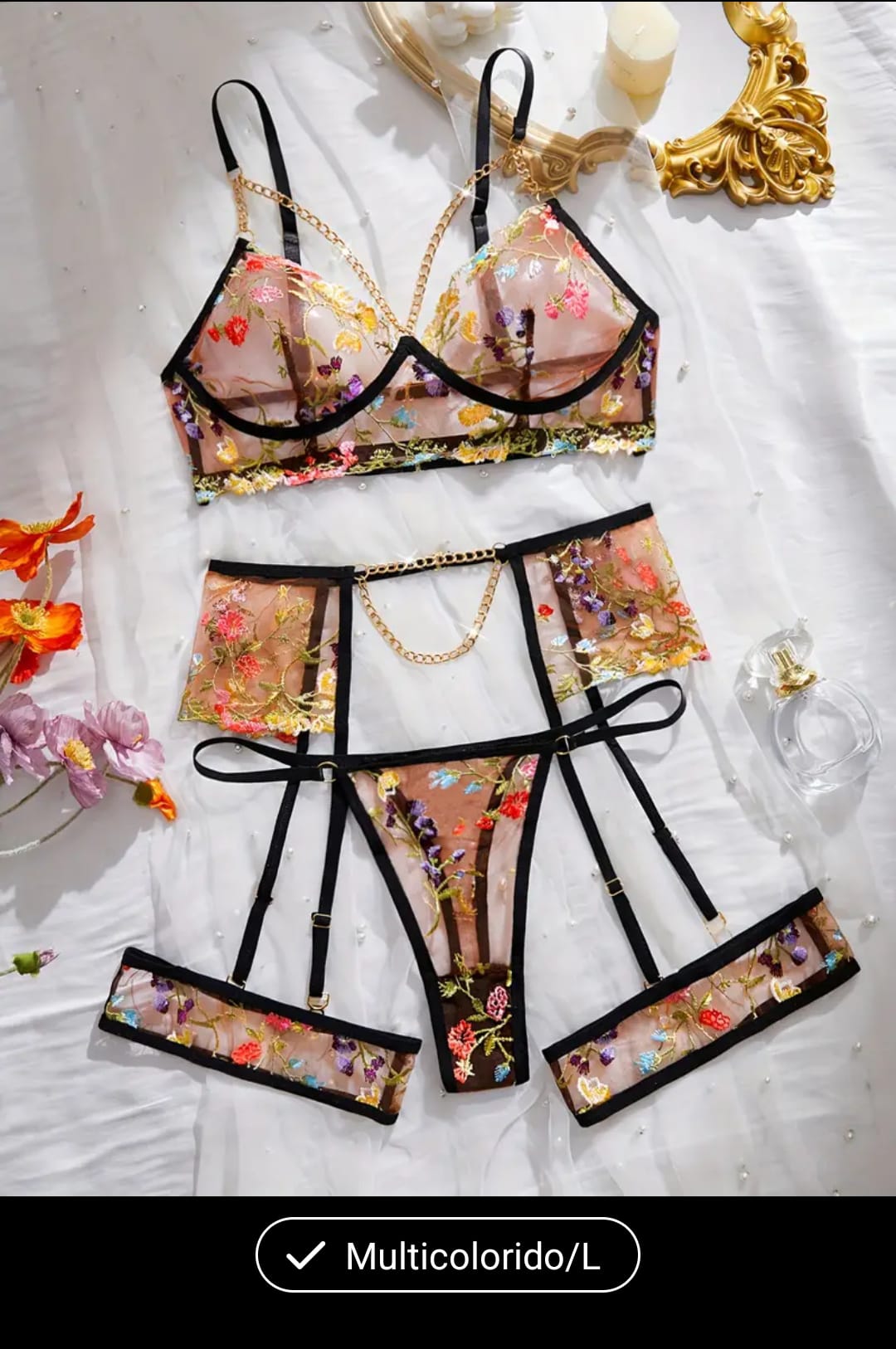 Conjunto lingerie transparente com flores L