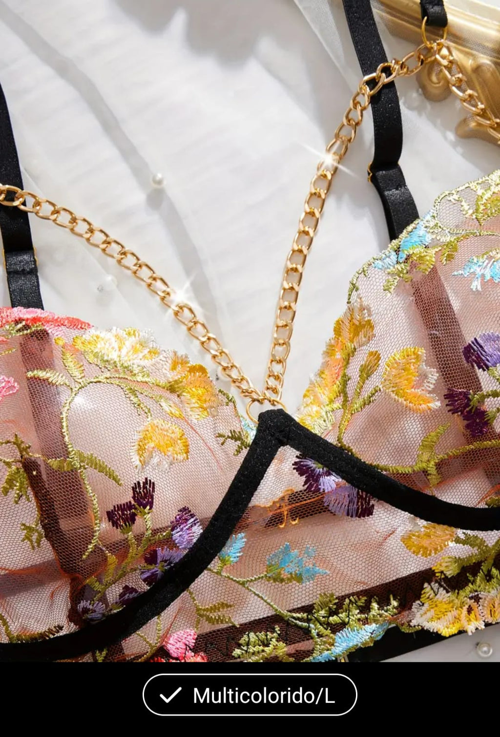 Conjunto lingerie transparente com flores L