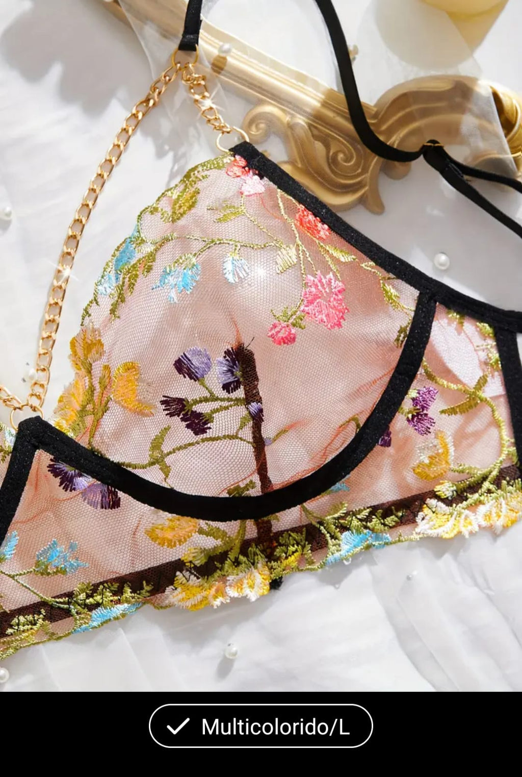 Conjunto lingerie transparente com flores L