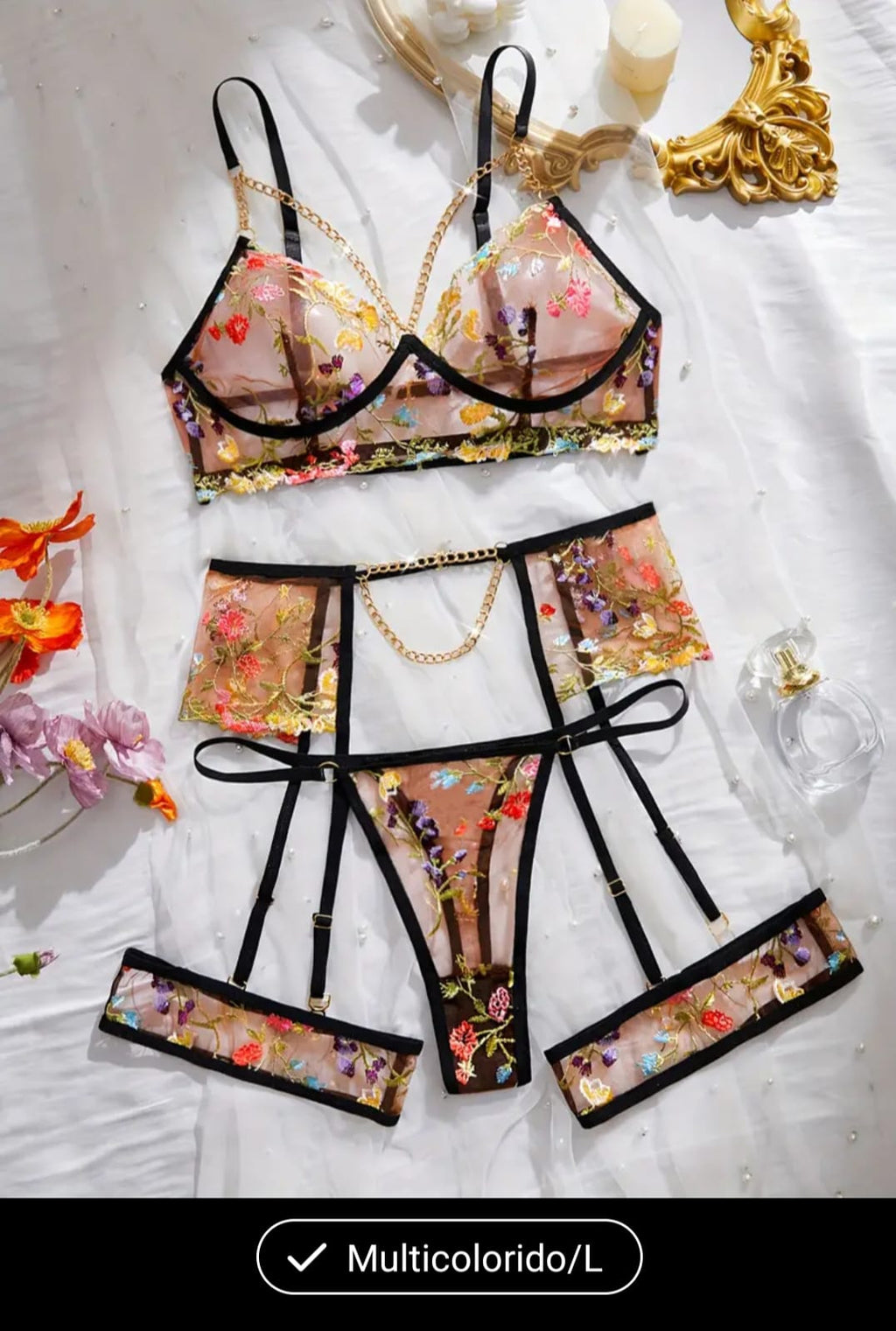 Conjunto lingerie transparente com flores L