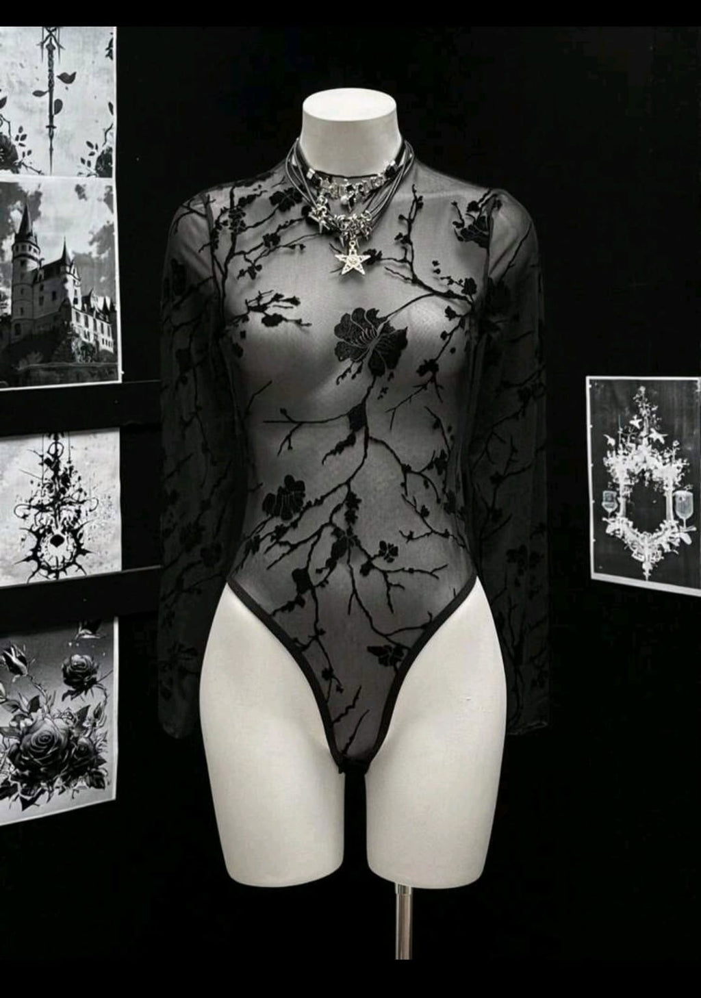 Body preto floral transparente