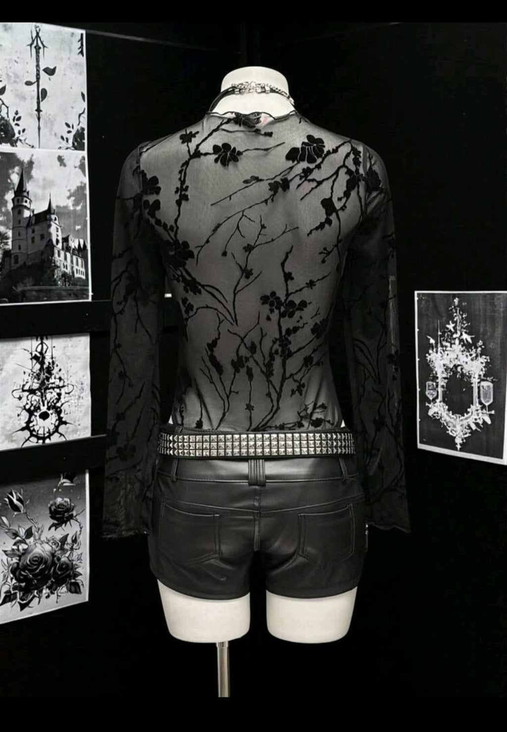 Body preto floral transparente