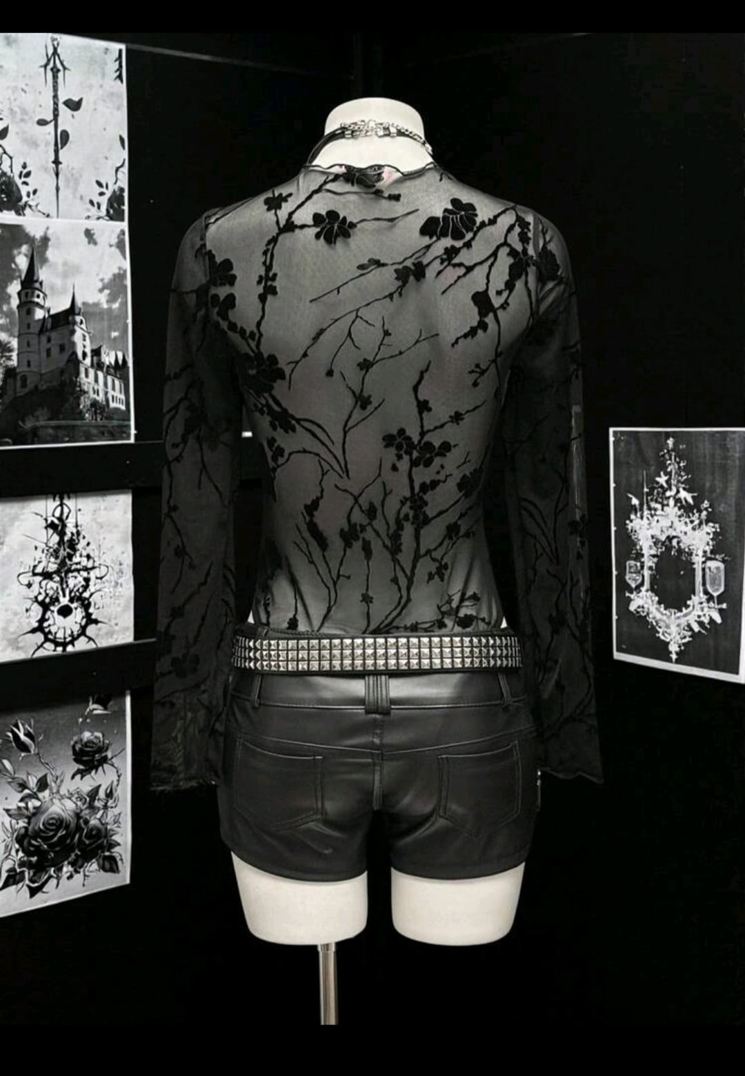 Body preto floral transparente