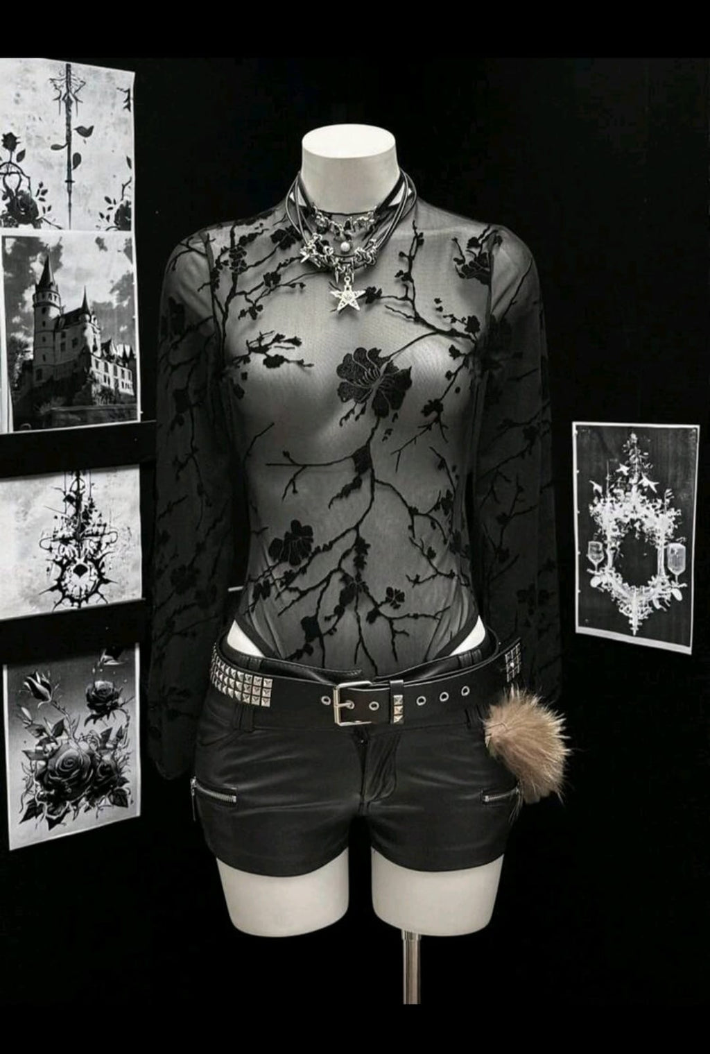 Body preto floral transparente