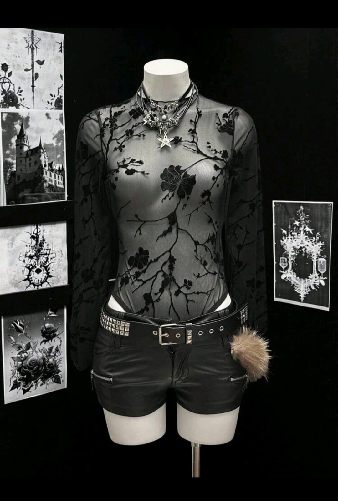 Body preto floral transparente