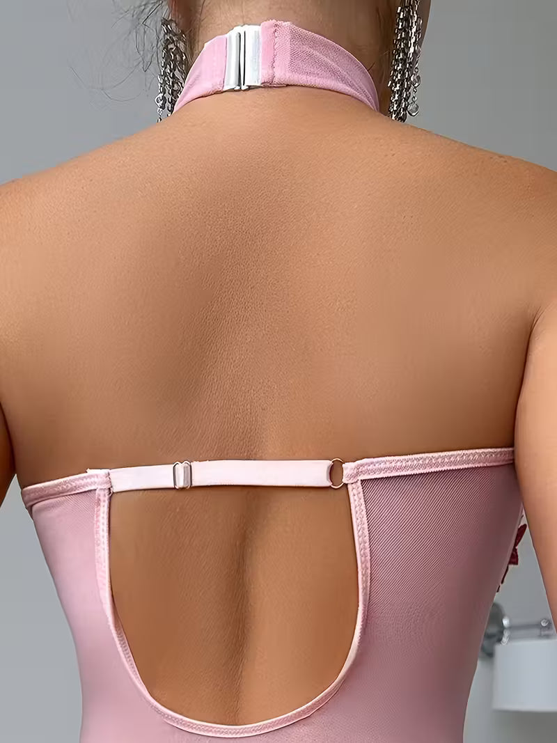 Body lingerie rosa transparente e bordado