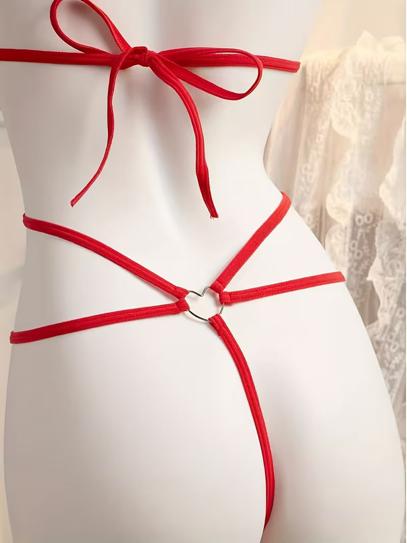 Conjunto lingerie vermelho e corações metálicos