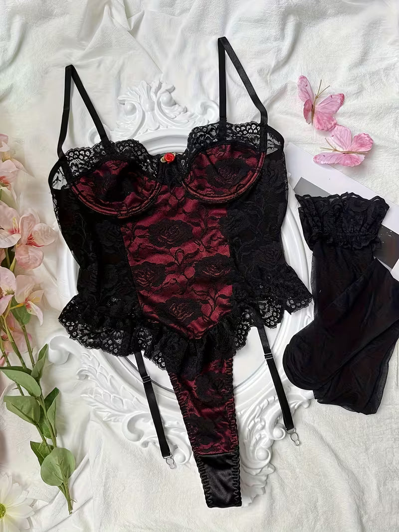 Conjunto de Body Sexy de Renda com Aplicações para Mulher