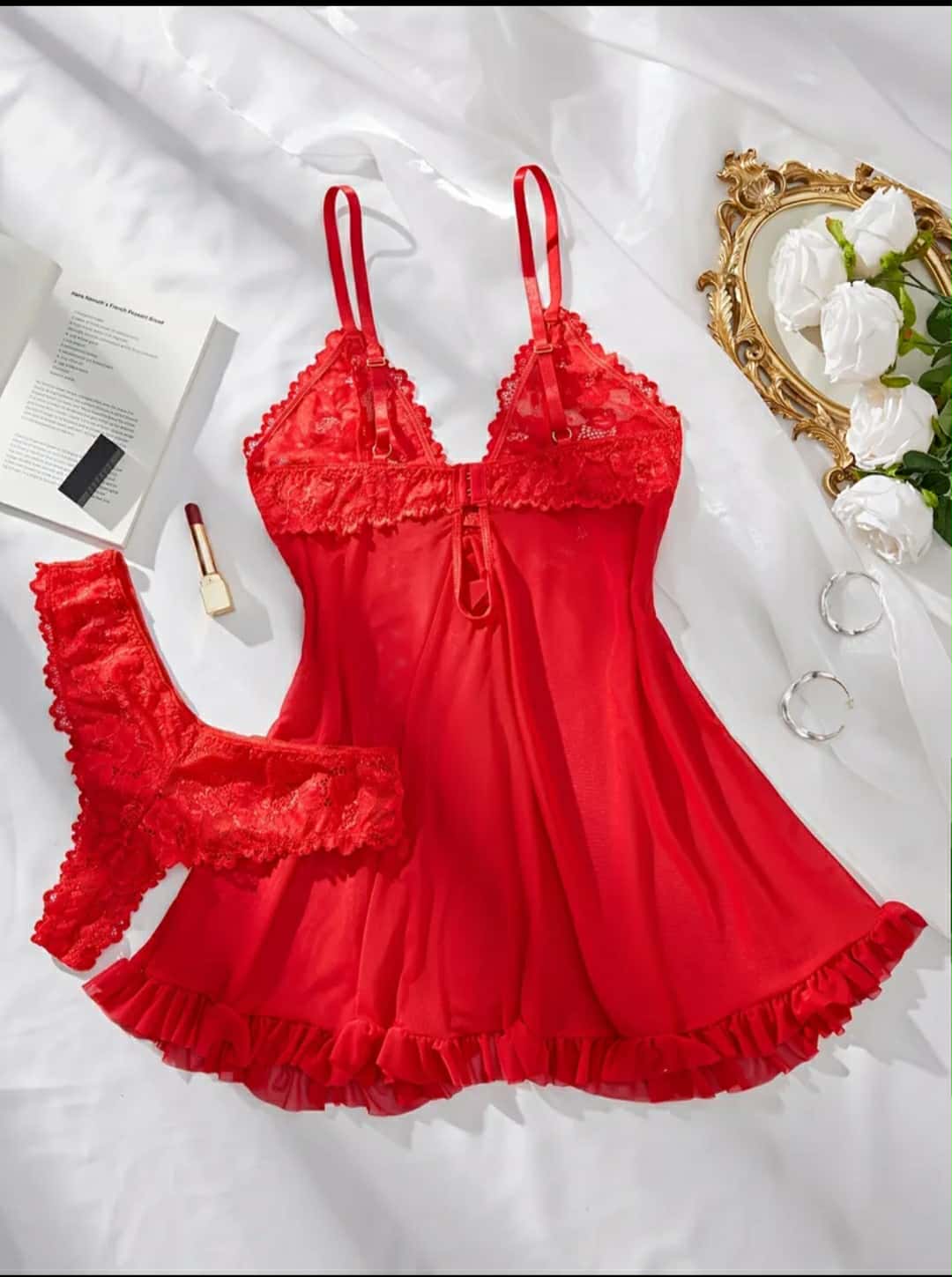 Camisa de dormir com cueca vermelho rendado